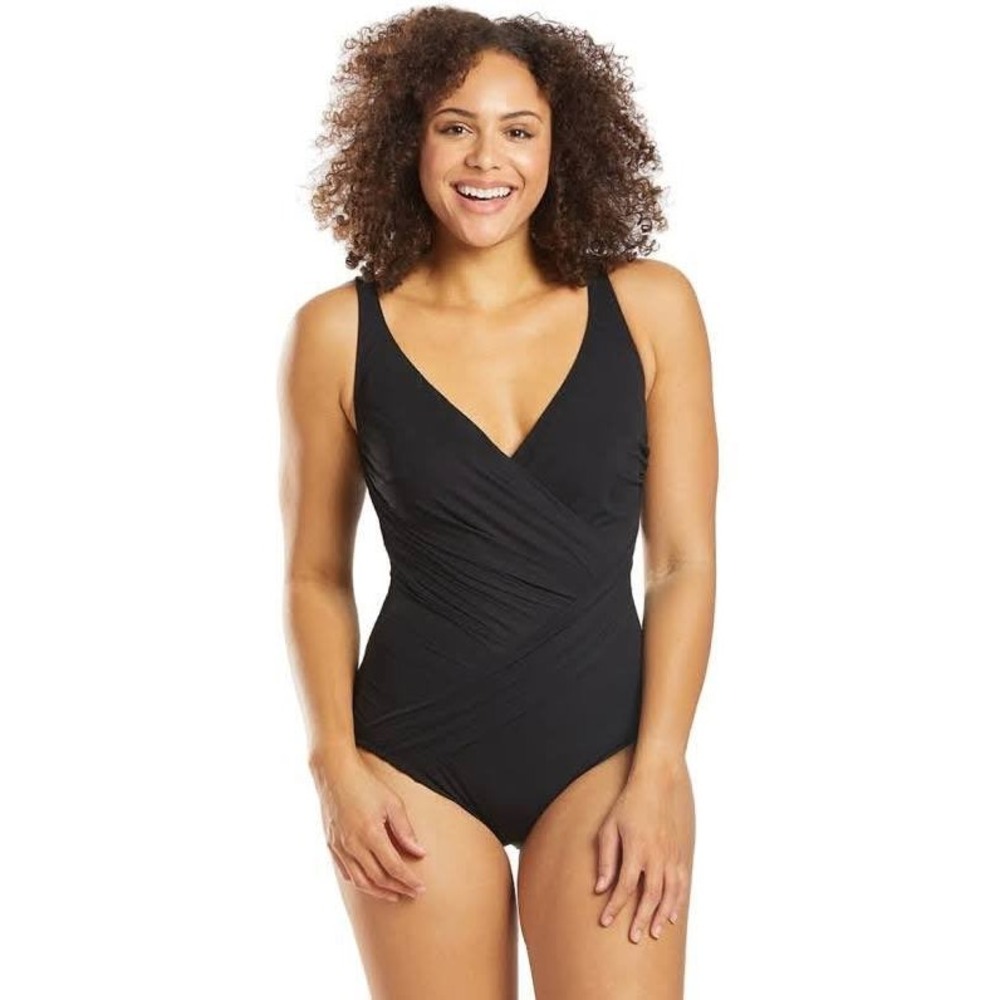 NWT Gottex Black One Piece Ruched Wrap V Neck‎ Swimsuit Women's Size 10